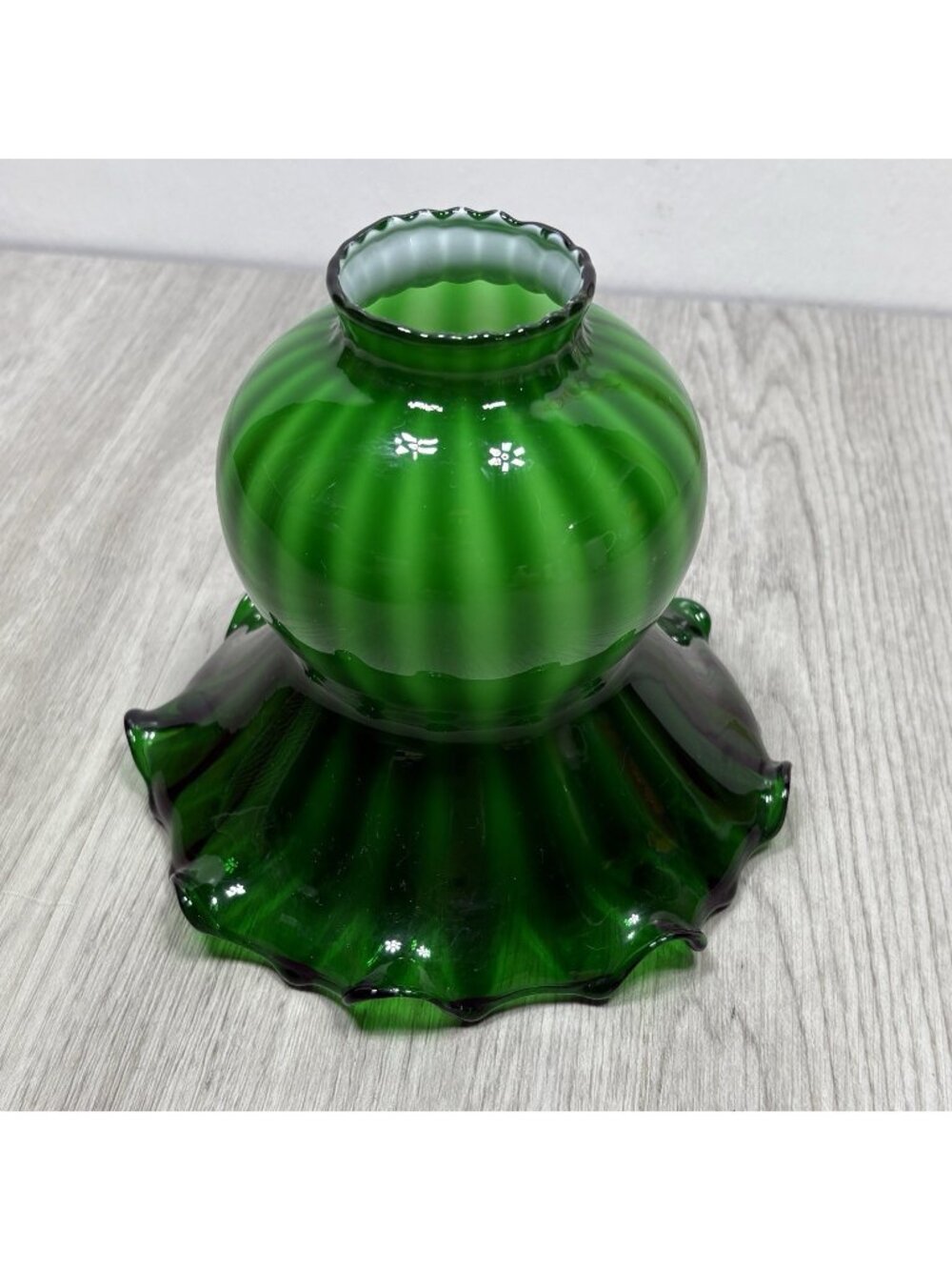 Victorian EMERALD GREEN Watermelon STRIPED Cased Glass RUFFLED LAMP SHADE 1900s